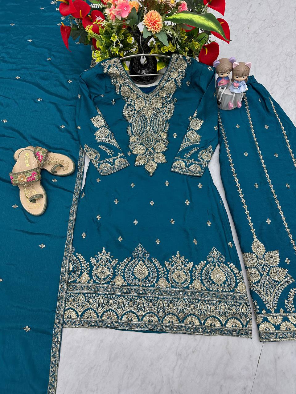 Occasion Wear Teal Color Chinon Heavy Embroidery Thread And Sequence WorkPalazzo Suit