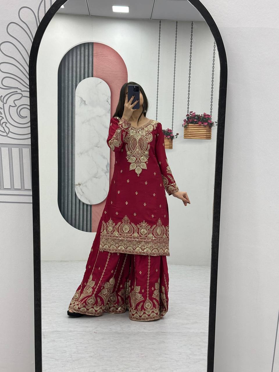 Wedding Wear Maroon Color Chinon Heavy Embroidery Thread And Sequence WorkPalazzo Suit