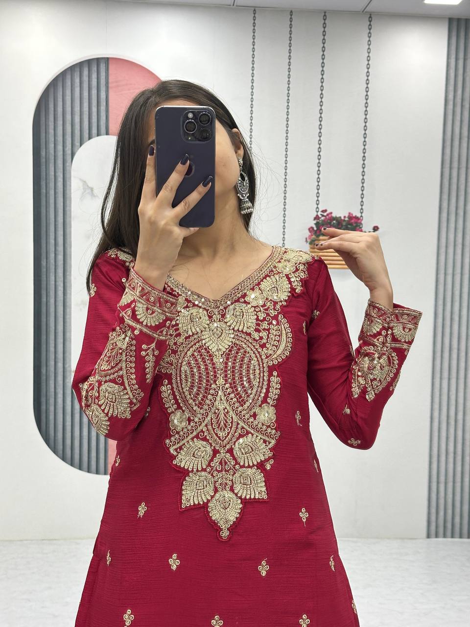 Wedding Wear Maroon Color Chinon Heavy Embroidery Thread And Sequence WorkPalazzo Suit