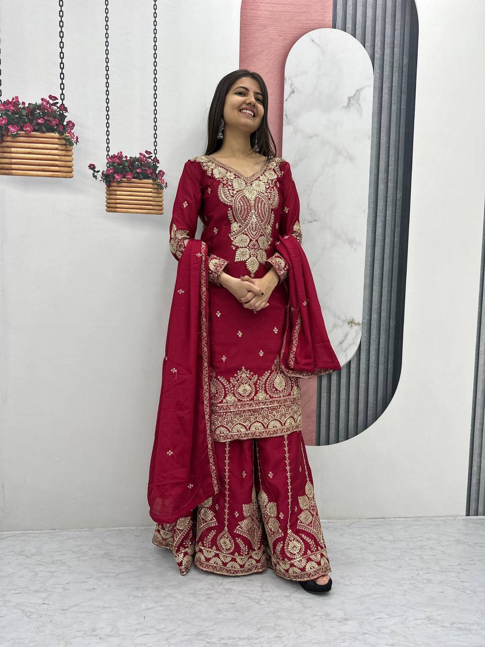 Wedding Wear Maroon Color Chinon Heavy Embroidery Thread And Sequence WorkPalazzo Suit