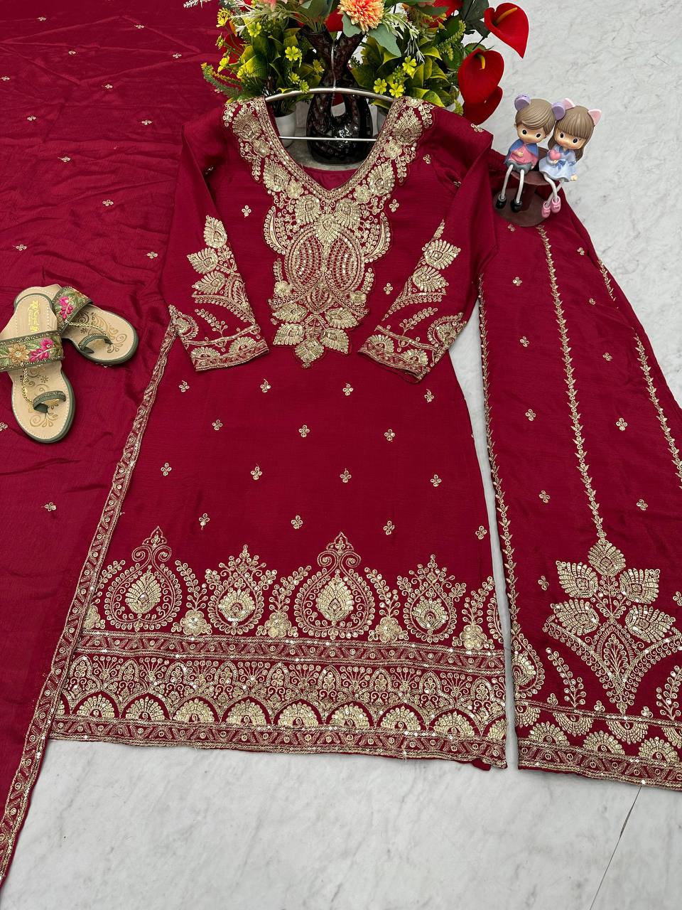 Wedding Wear Maroon Color Chinon Heavy Embroidery Thread And Sequence WorkPalazzo Suit