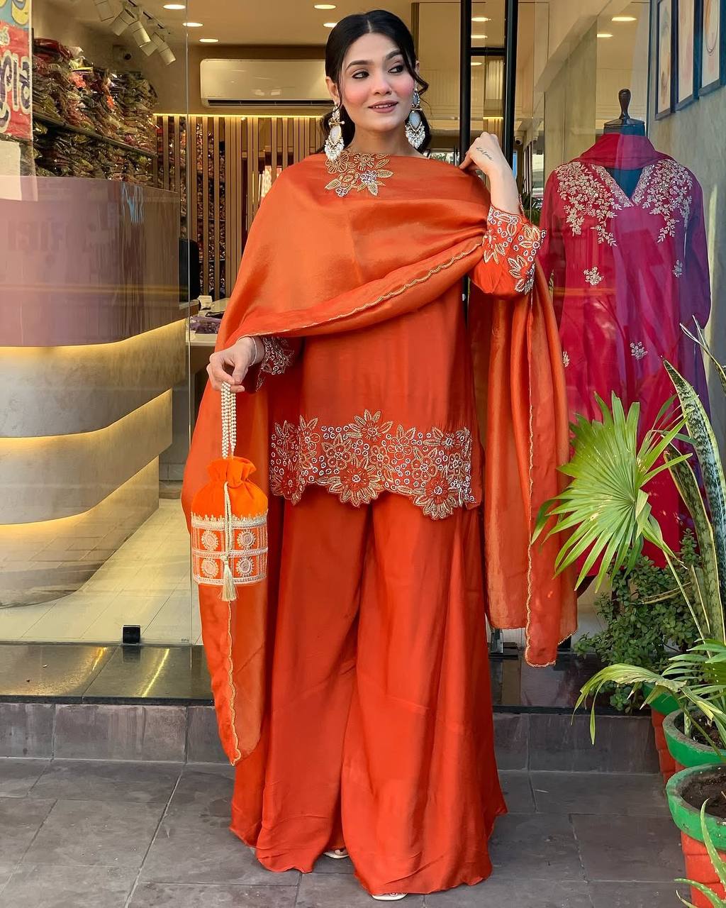 Engagement Wear Orange Color Pure Chinon Silk With Heavy Embroidery Coding Dori Sequence Work