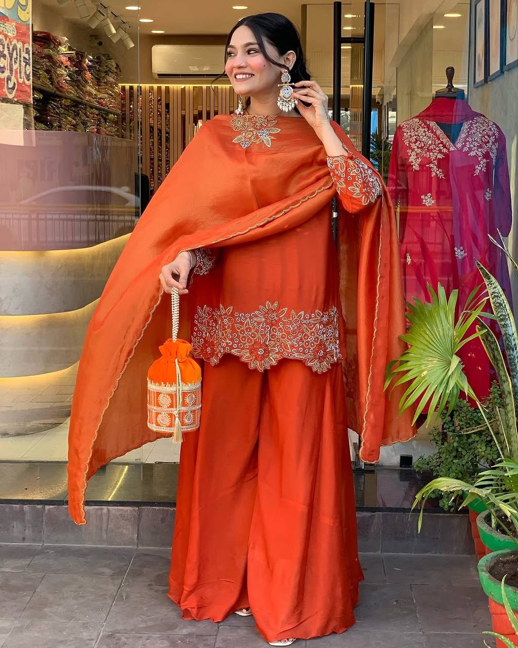 Engagement Wear Orange Color Pure Chinon Silk With Heavy Embroidery Coding Dori Sequence Work