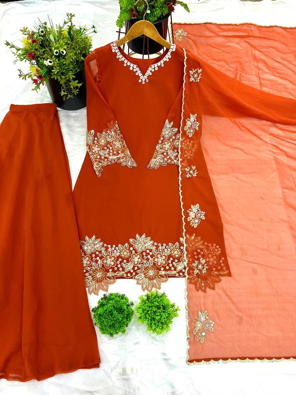 Engagement Wear Orange Color Pure Chinon Silk With Heavy Embroidery Coding Dori Sequence Work