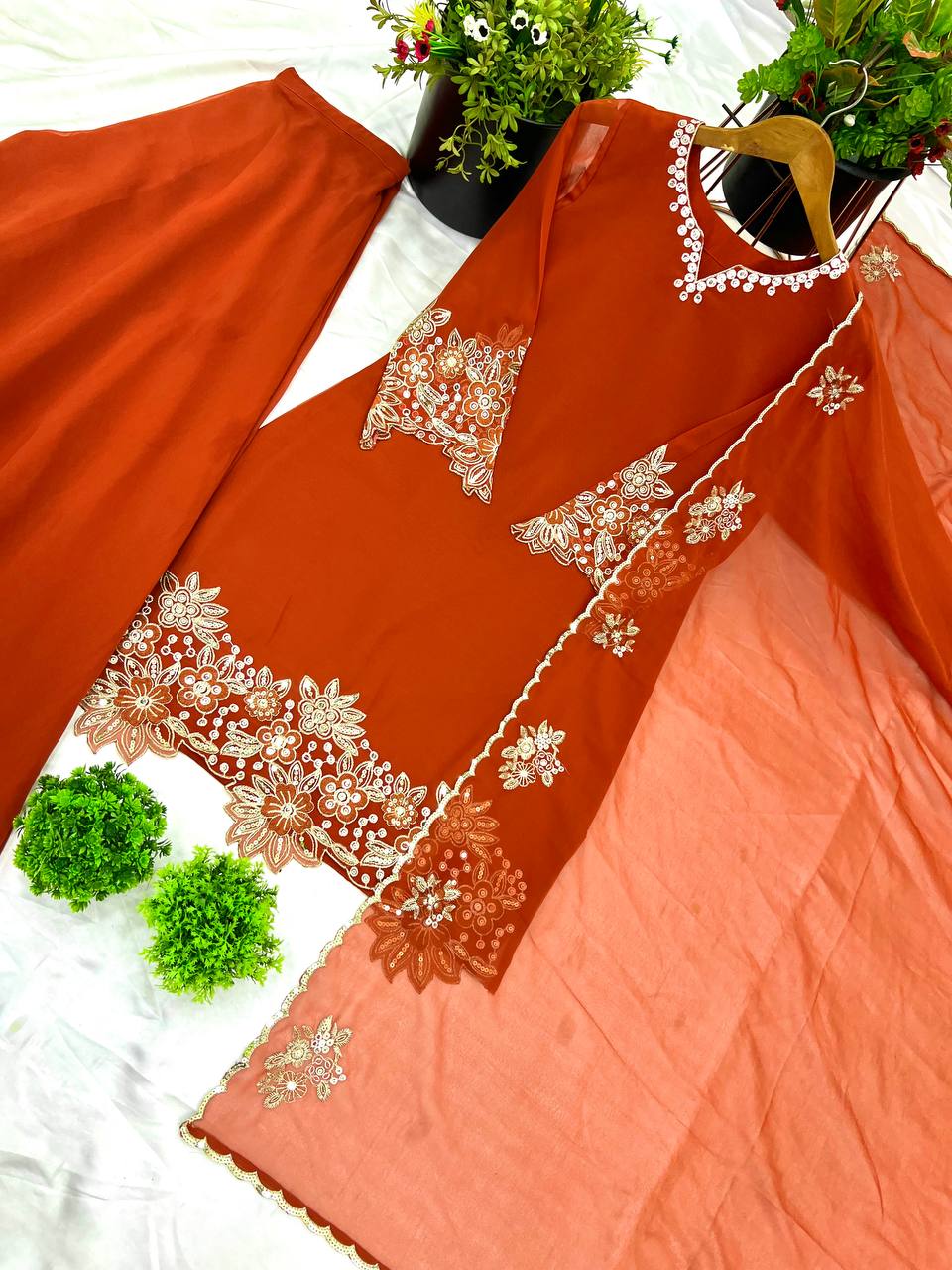 Engagement Wear Orange Color Pure Chinon Silk With Heavy Embroidery Coding Dori Sequence Work