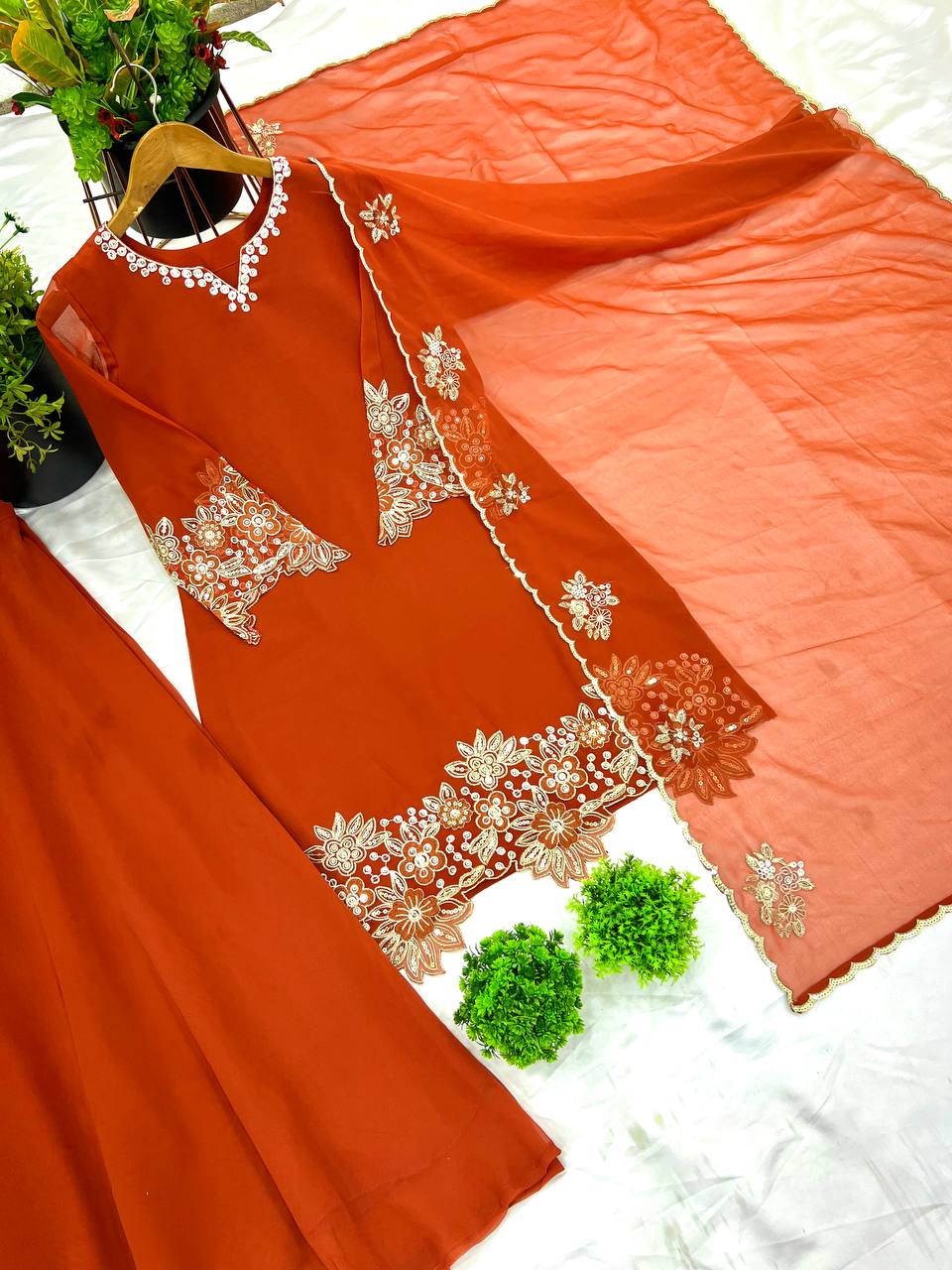 Engagement Wear Orange Color Pure Chinon Silk With Heavy Embroidery Coding Dori Sequence Work