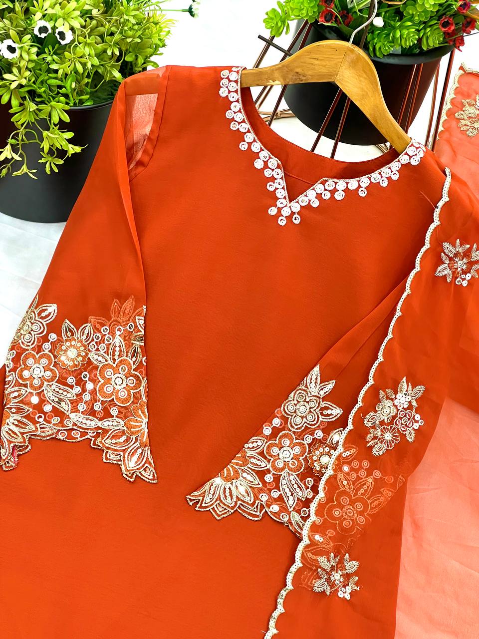 Engagement Wear Orange Color Pure Chinon Silk With Heavy Embroidery Coding Dori Sequence Work