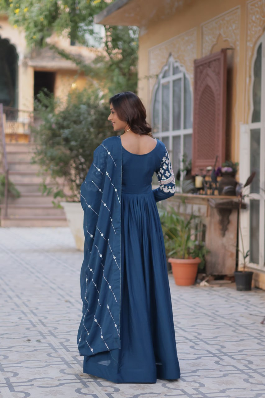 Captivating Teal Blue Color Star Georgette With Embroidery Beads Sequins Work Designer Gown
