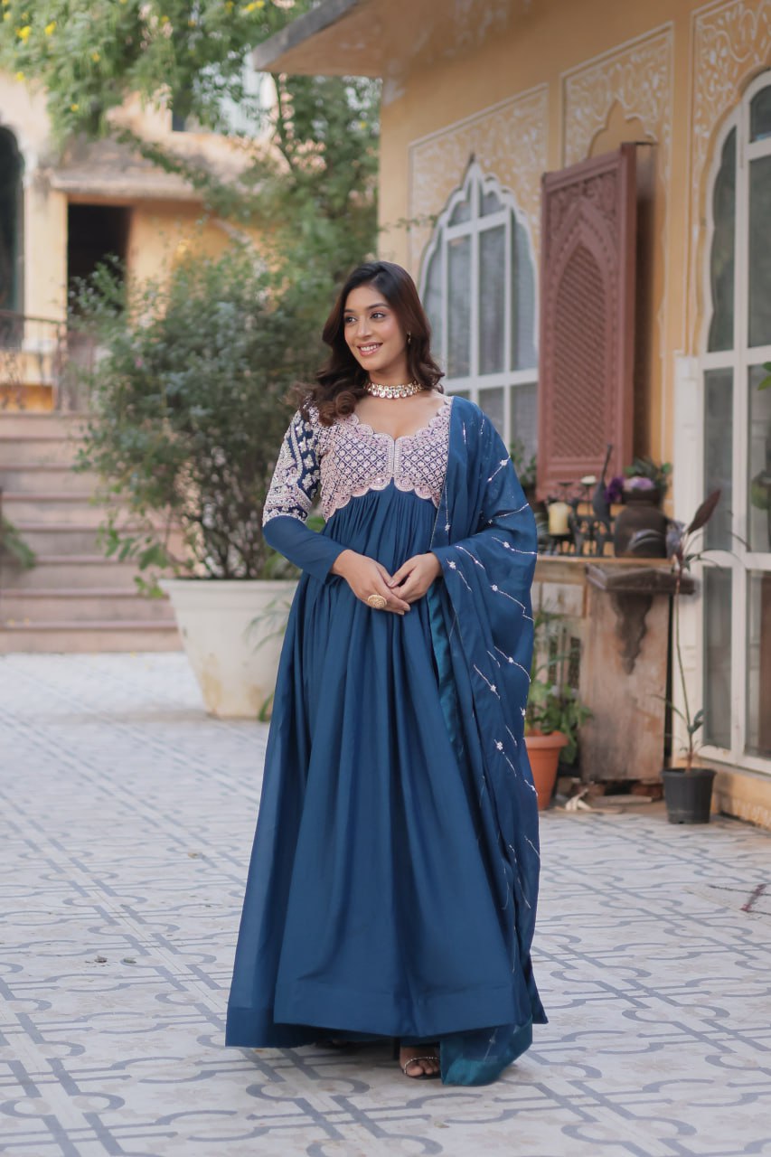 Captivating Teal Blue Color Star Georgette With Embroidery Beads Sequins Work Designer Gown