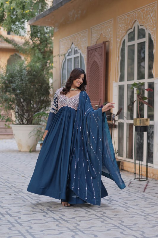 Captivating Teal Blue Color Star Georgette With Embroidery Beads Sequins Work Designer Gown