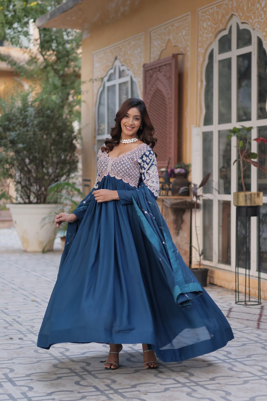 Captivating Teal Blue Color Star Georgette With Embroidery Beads Sequins Work Designer Gown