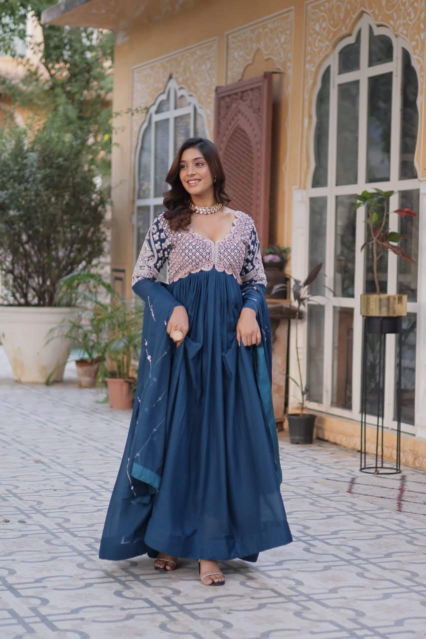 Captivating Teal Blue Color Star Georgette With Embroidery Beads Sequins Work Designer Gown