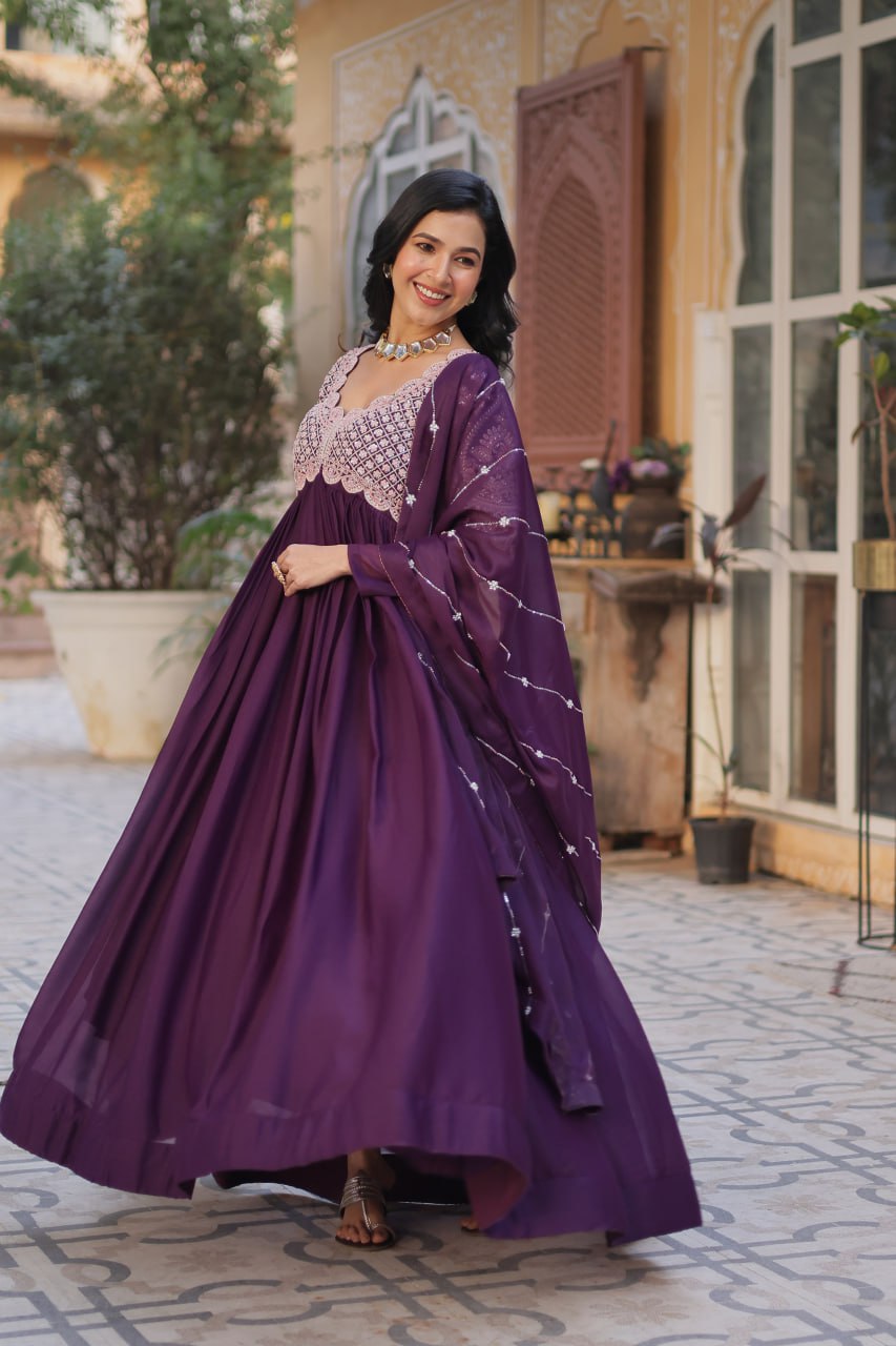Captivating Dark Purple Color Star Georgette With Embroidery Beads Sequins Work Designer Gown