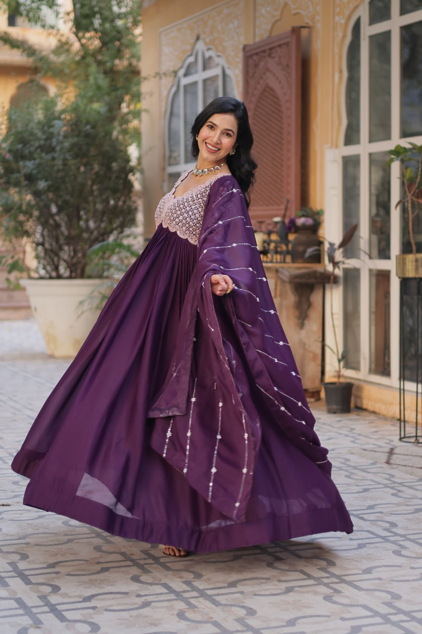 Captivating Dark Purple Color Star Georgette With Embroidery Beads Sequins Work Designer Gown