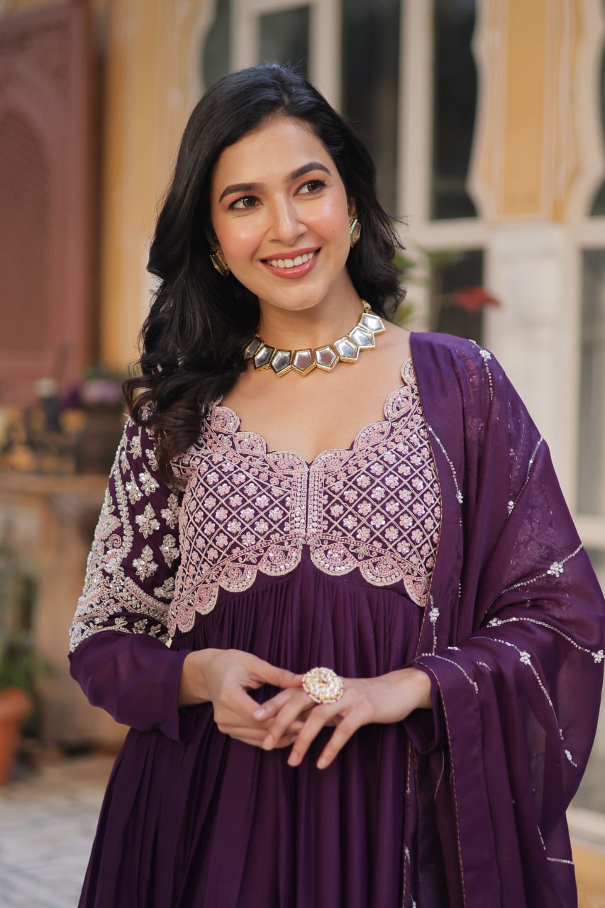 Captivating Dark Purple Color Star Georgette With Embroidery Beads Sequins Work Designer Gown