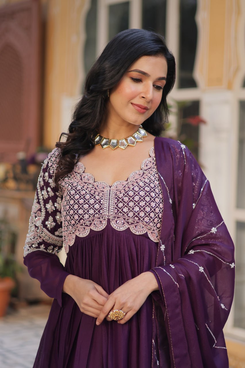 Captivating Dark Purple Color Star Georgette With Embroidery Beads Sequins Work Designer Gown