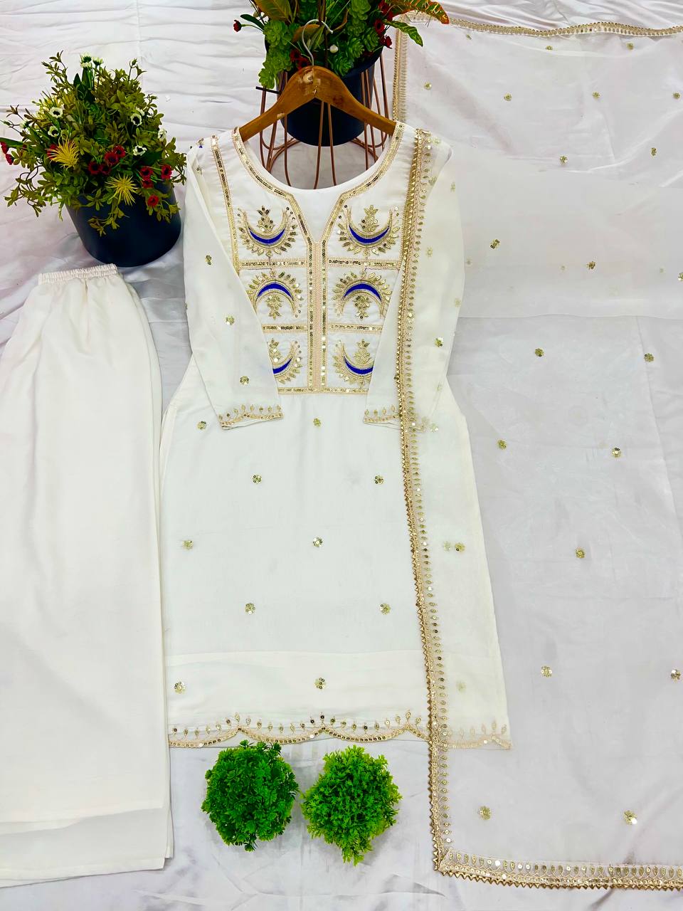 Preferable Off White Color Vichitra Silk With Heavy Coding Embroidery Sequence Work Salwar Suit
