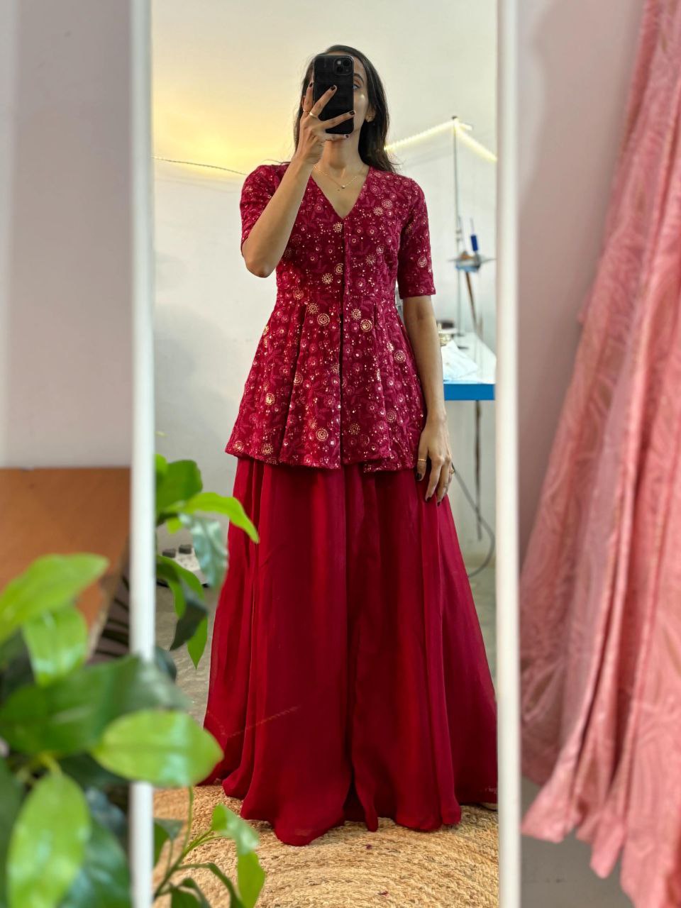 Latest Rose Pink Color Blazer Style Embroidery Sequins Work Top Of Georgette Fully Stitched Palazzo Suit