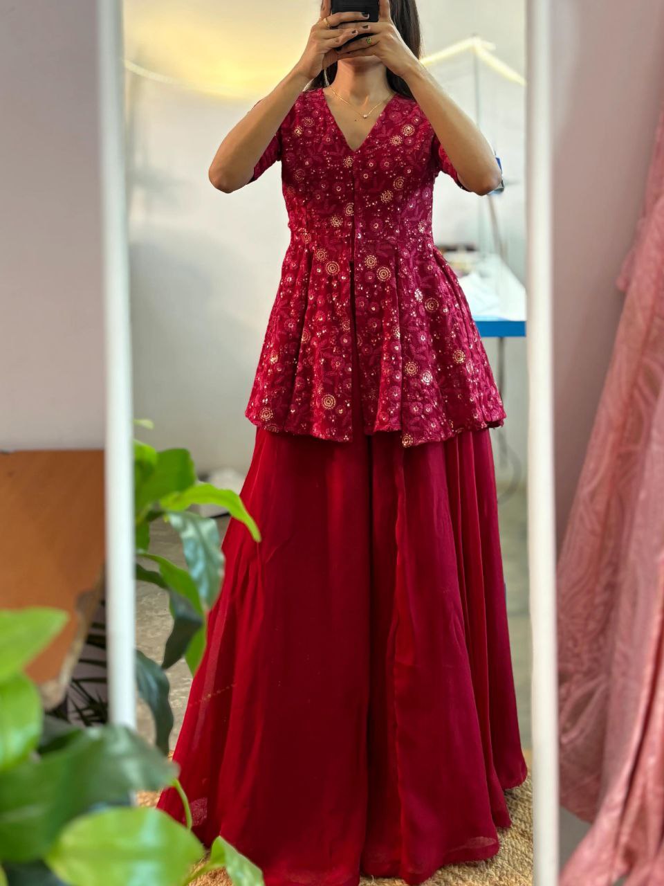 Latest Rose Pink Color Blazer Style Embroidery Sequins Work Top Of Georgette Fully Stitched Palazzo Suit