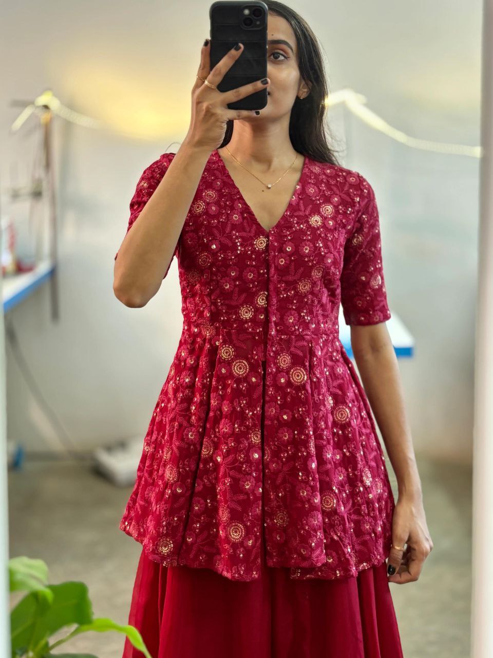 Latest Rose Pink Color Blazer Style Embroidery Sequins Work Top Of Georgette Fully Stitched Palazzo Suit