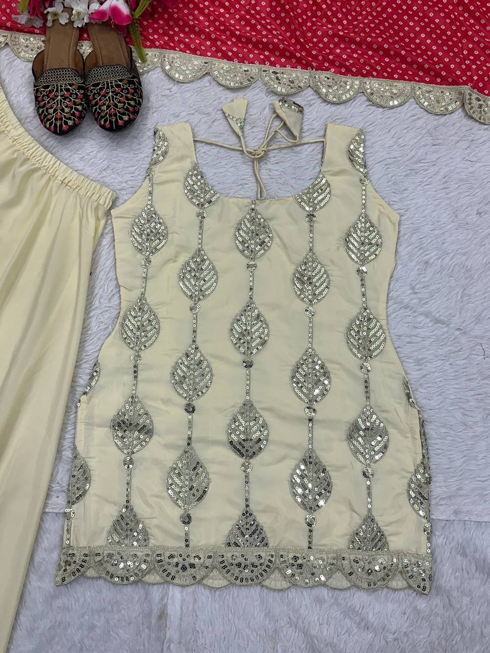 Admiring Cream Color Natural Crepe Silk Embroidery Coding Sequence Work Palazzo Suit