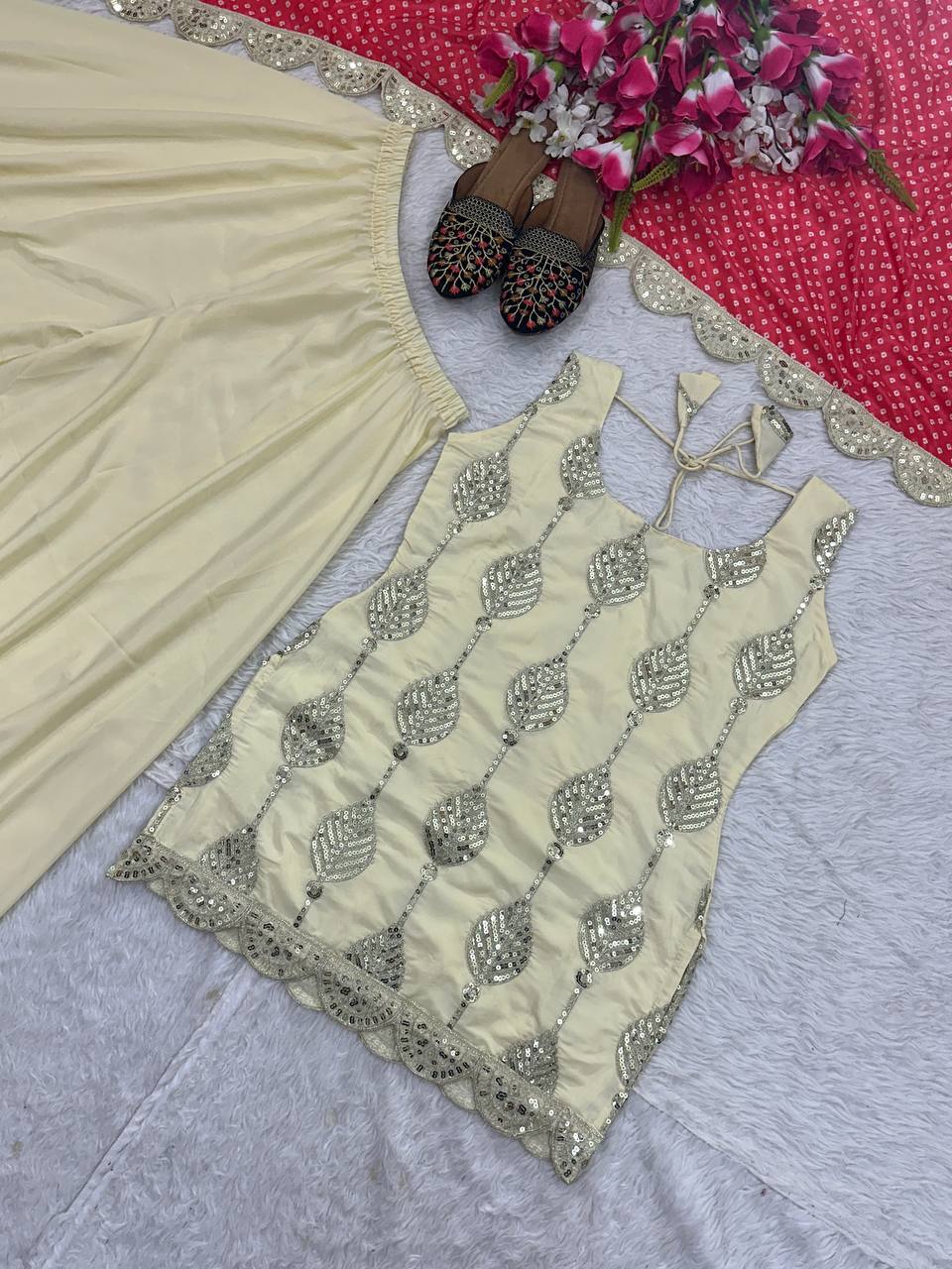 Admiring Cream Color Natural Crepe Silk Embroidery Coding Sequence Work Palazzo Suit