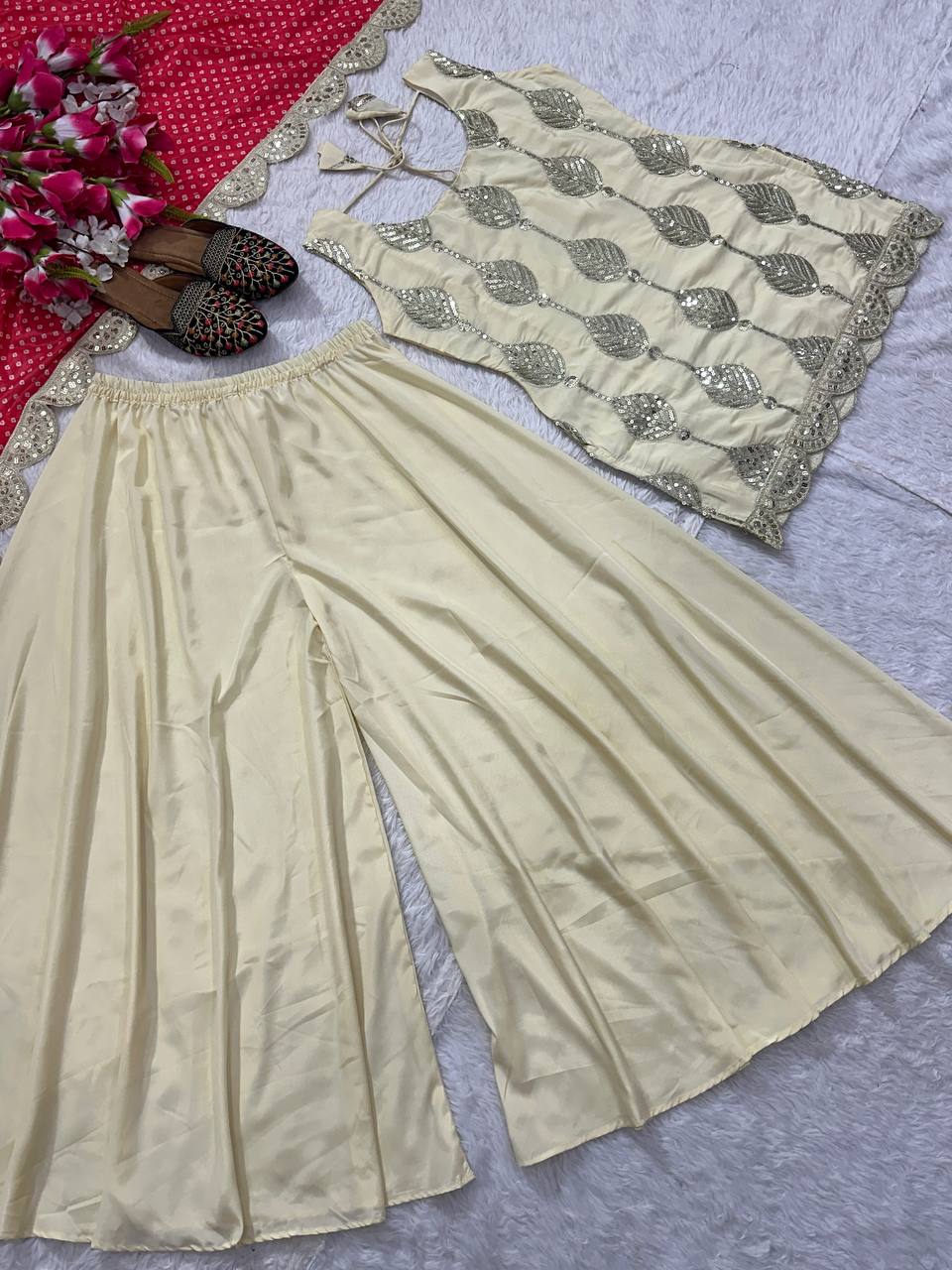 Admiring Cream Color Natural Crepe Silk Embroidery Coding Sequence Work Palazzo Suit