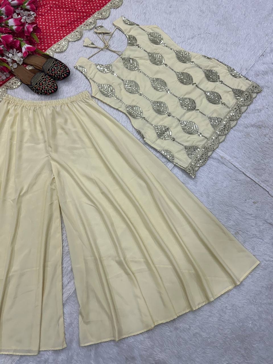 Admiring Cream Color Natural Crepe Silk Embroidery Coding Sequence Work Palazzo Suit