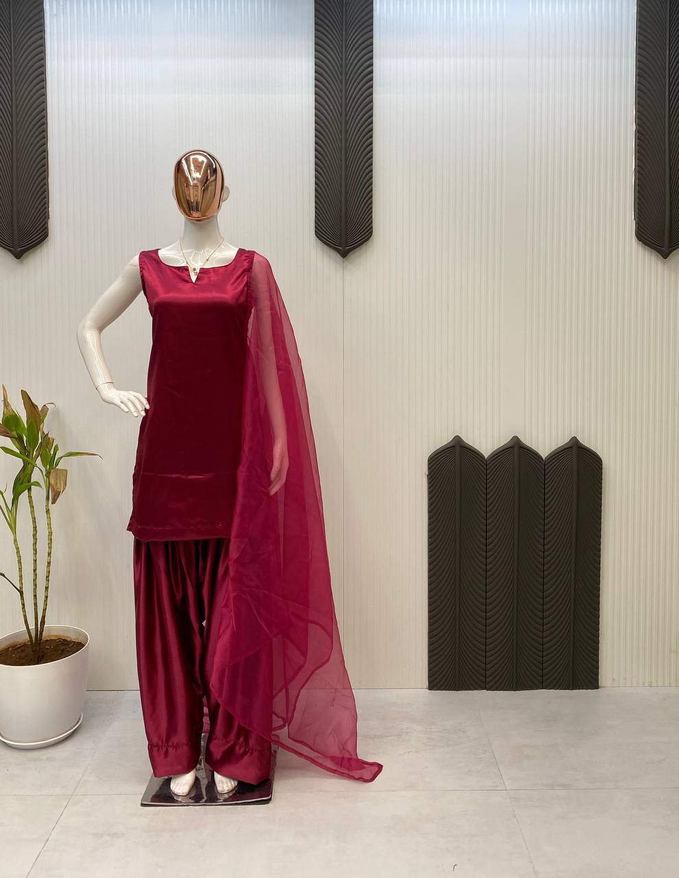 Beautiful Designer Wine Color Moss Satin Designer Salwar Suit