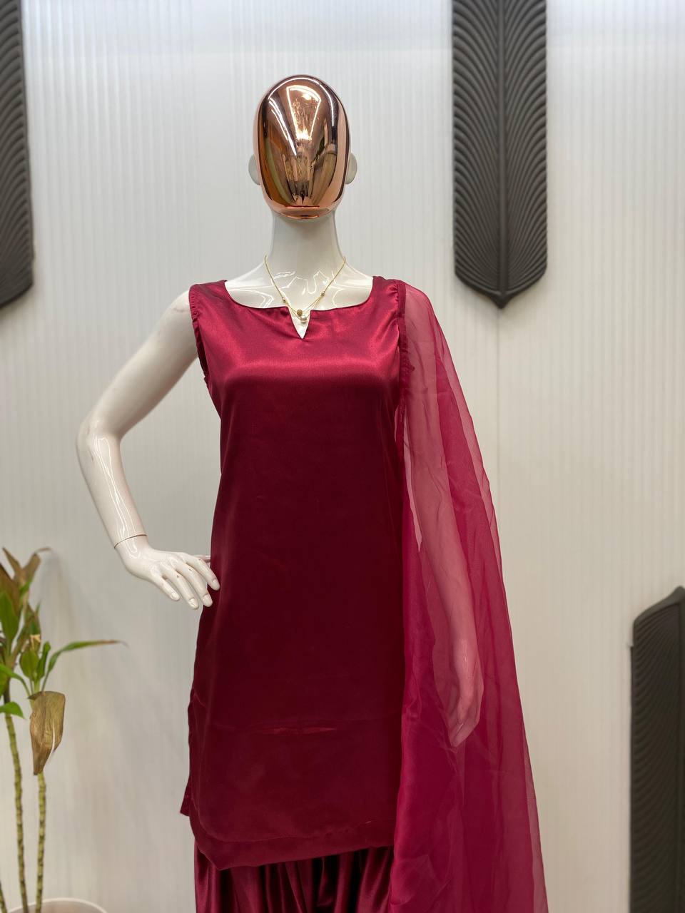 Beautiful Designer Wine Color Moss Satin Designer Salwar Suit