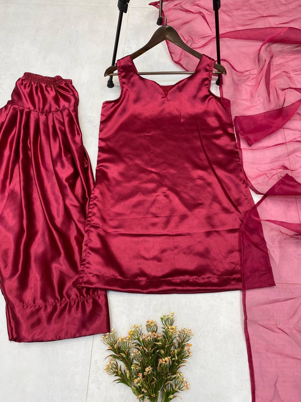 Beautiful Designer Wine Color Moss Satin Designer Salwar Suit