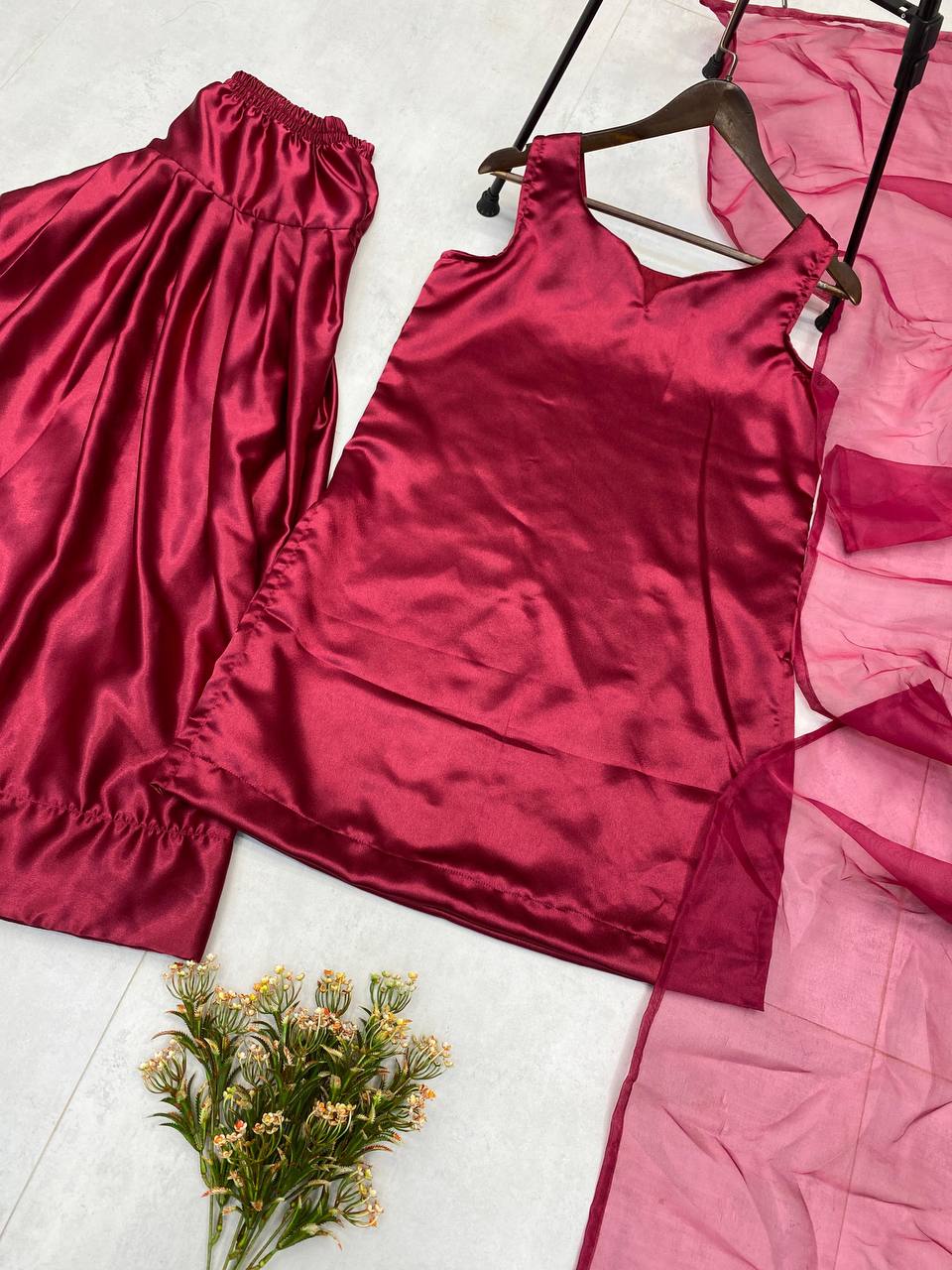 Beautiful Designer Wine Color Moss Satin Designer Salwar Suit