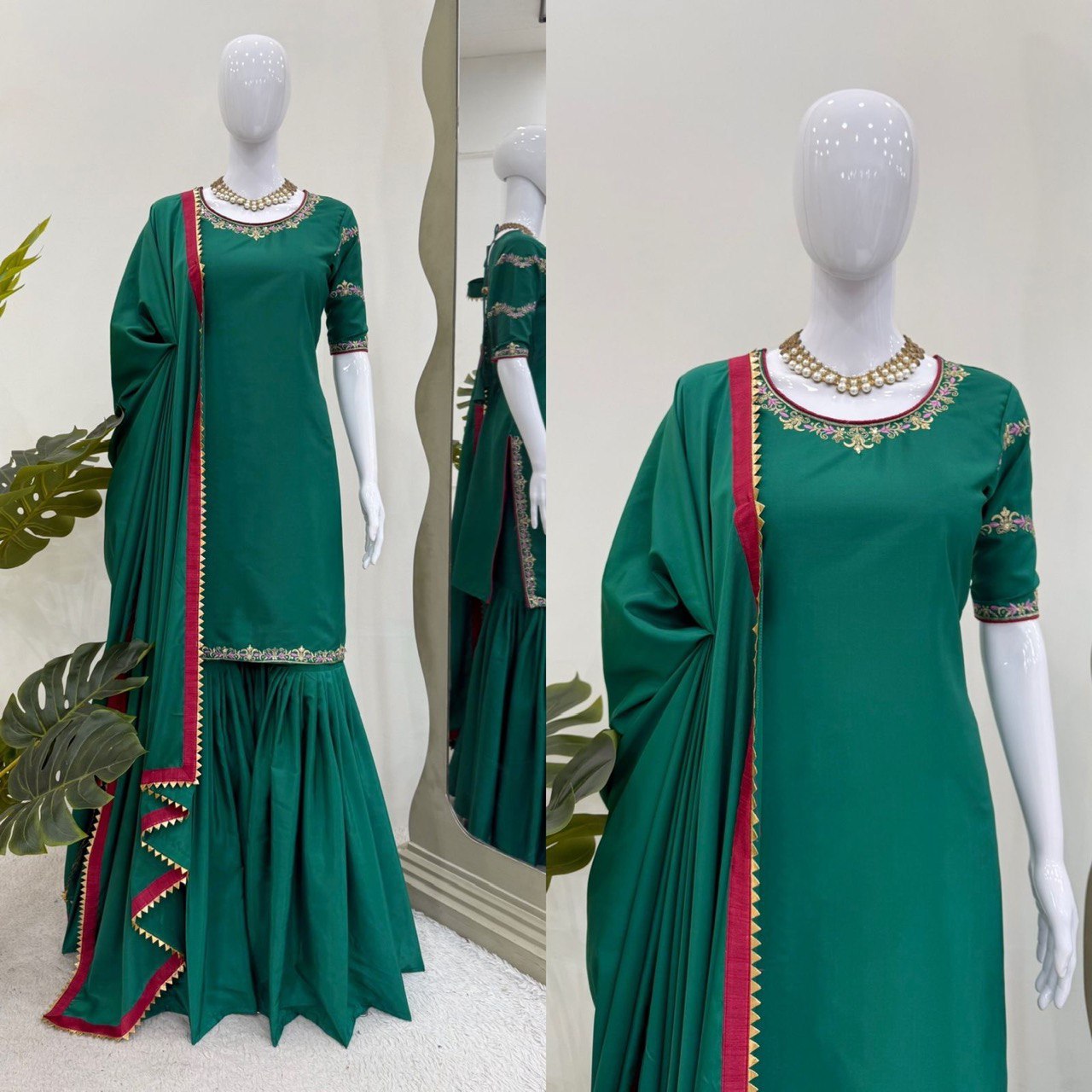 Festive Wear Teal Green Natural Crepe And Thread With Sequence Work Sharara Suit