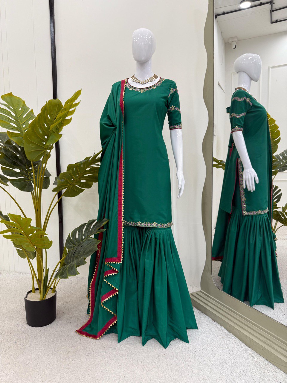 Festive Wear Teal Green Natural Crepe And Thread With Sequence Work Sharara Suit