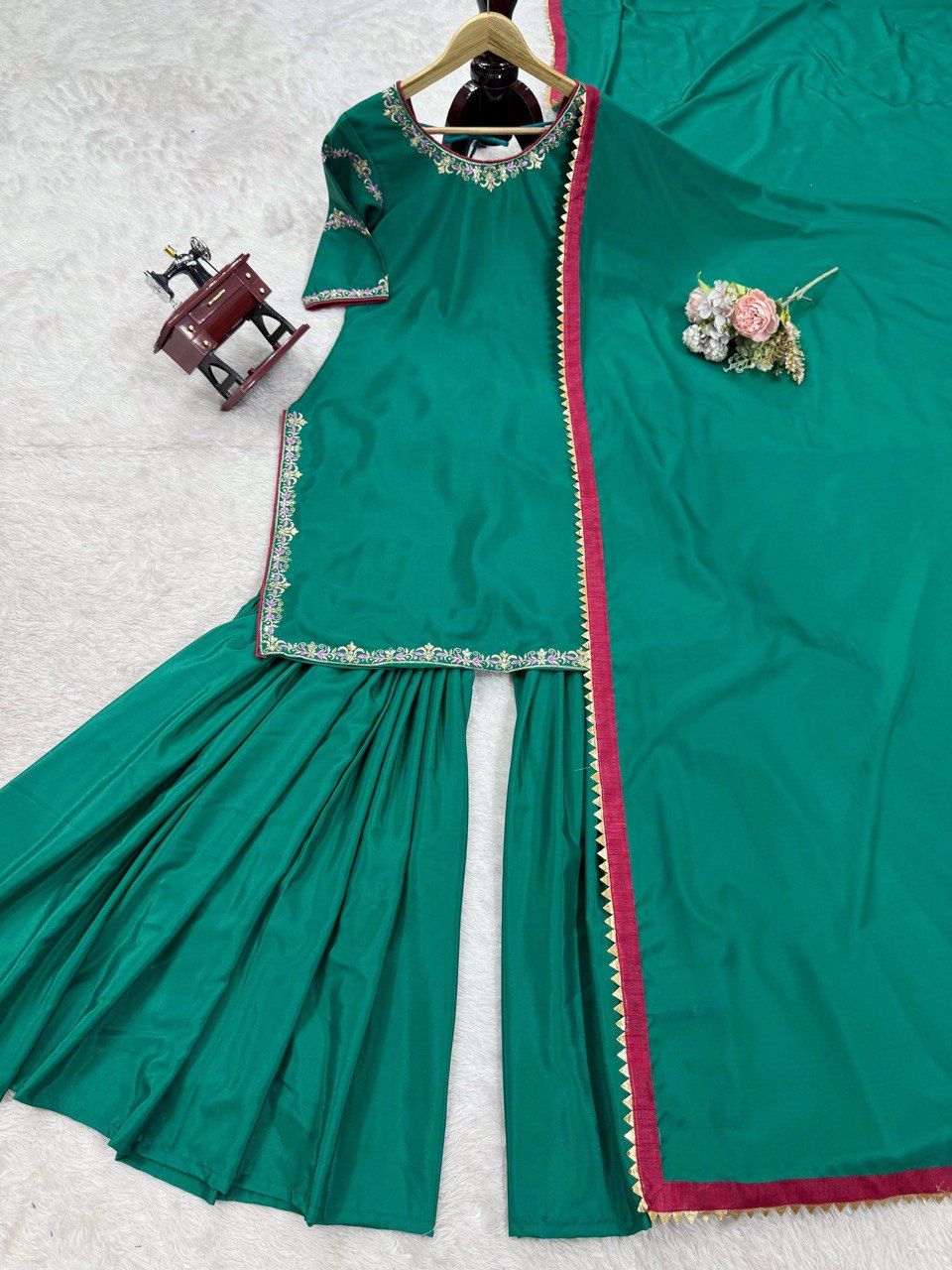Festive Wear Teal Green Natural Crepe And Thread With Sequence Work Sharara Suit
