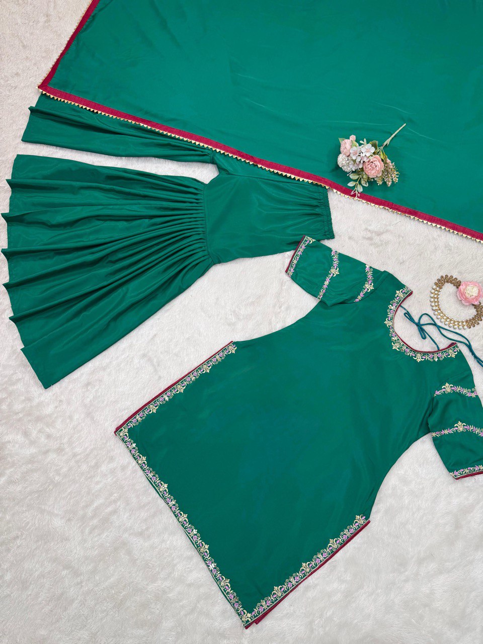 Festive Wear Teal Green Natural Crepe And Thread With Sequence Work Sharara Suit