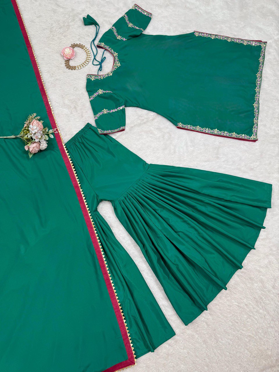 Festive Wear Teal Green Natural Crepe And Thread With Sequence Work Sharara Suit