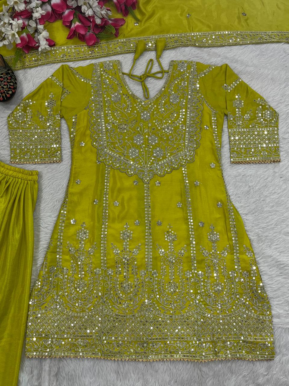Mesmerizing Lemon Heavy Chinon Silk With Embroidery Sequence Coding Work Sharara Suit