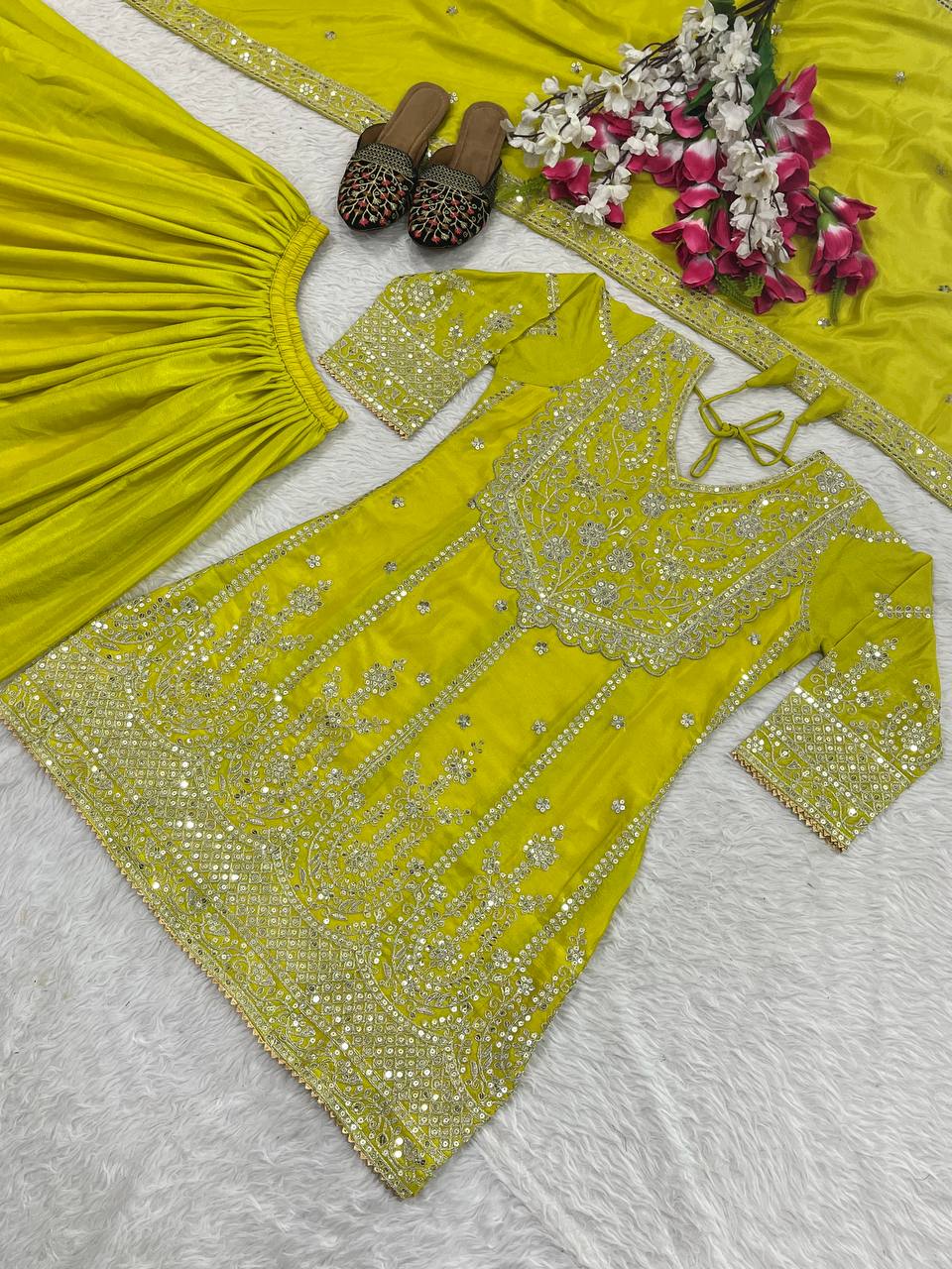 Mesmerizing Lemon Heavy Chinon Silk With Embroidery Sequence Coding Work Sharara Suit