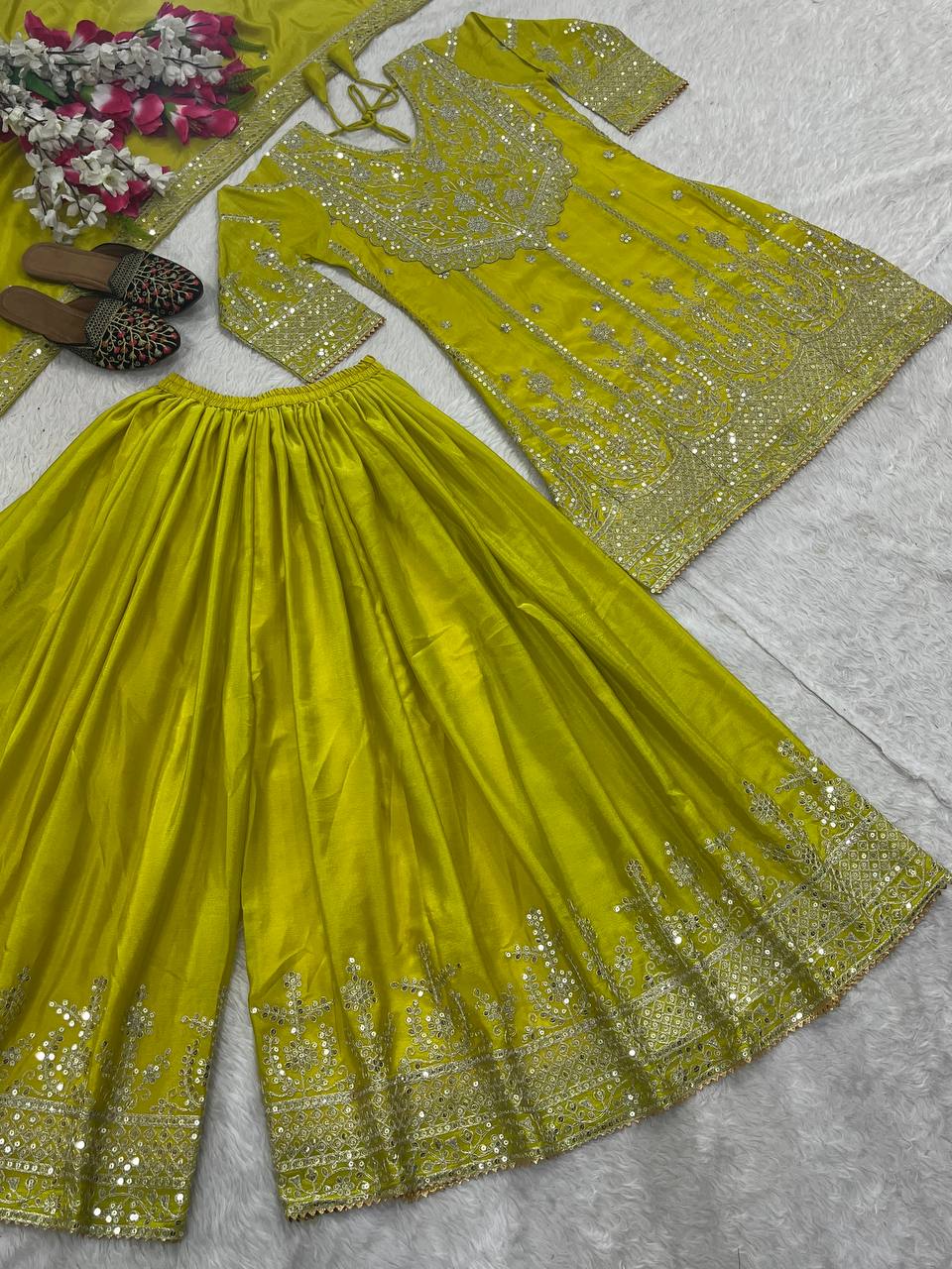 Mesmerizing Lemon Heavy Chinon Silk With Embroidery Sequence Coding Work Sharara Suit