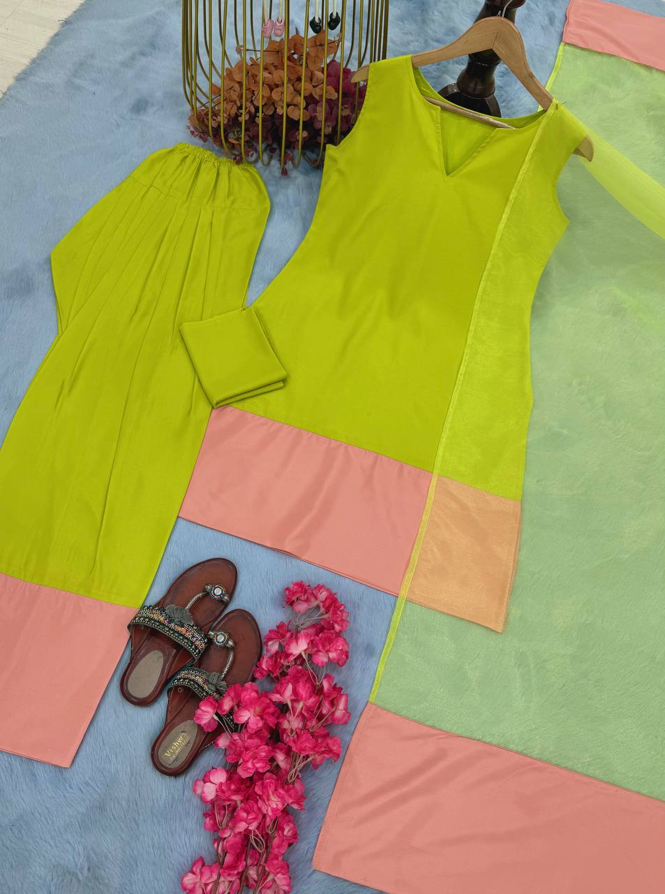 Festive Wear Parrot Green Color Natural Crap Silk With Tassels Palazzo Suit