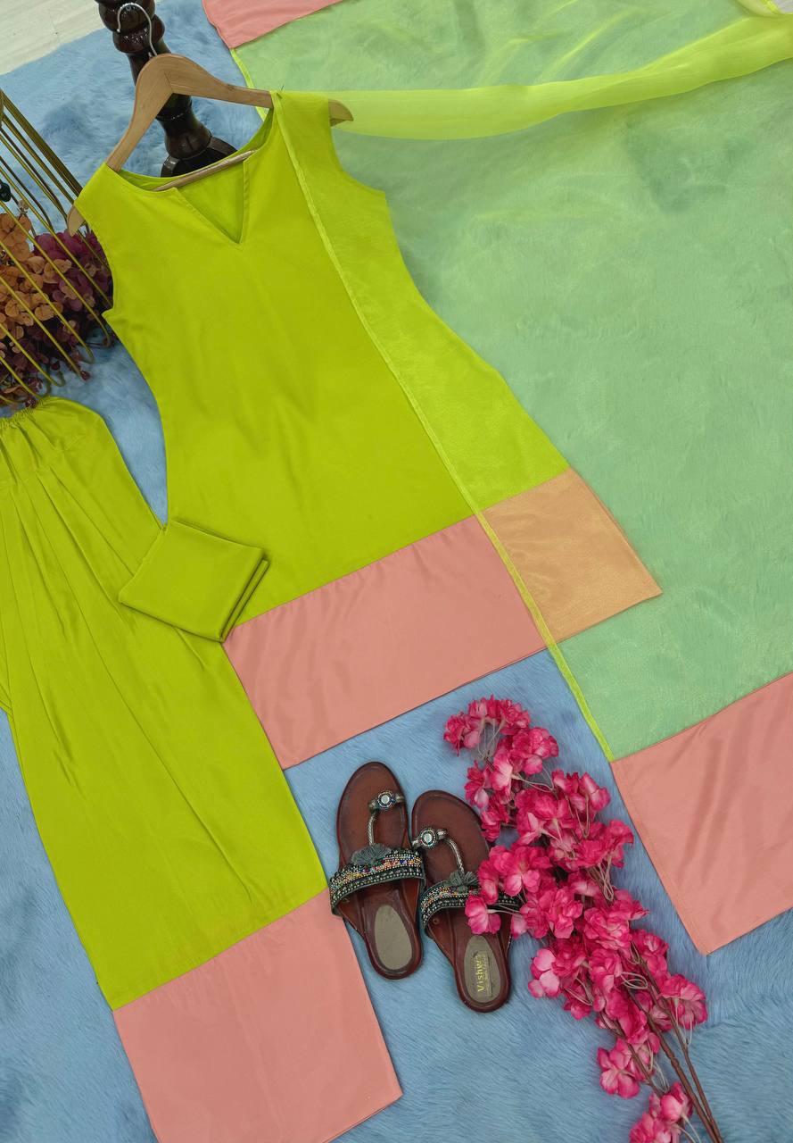 Festive Wear Parrot Green Color Natural Crap Silk With Tassels Palazzo Suit