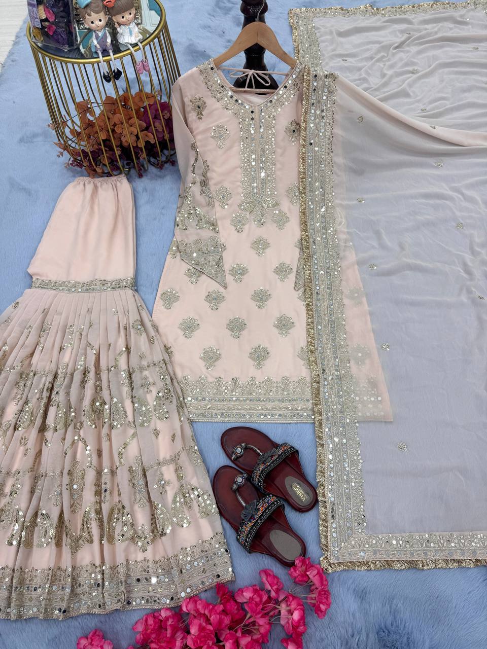 Wedding Wear Light Cream Color Heavy Faux Georgette With Embroidery Sequence Work Sharara Suit