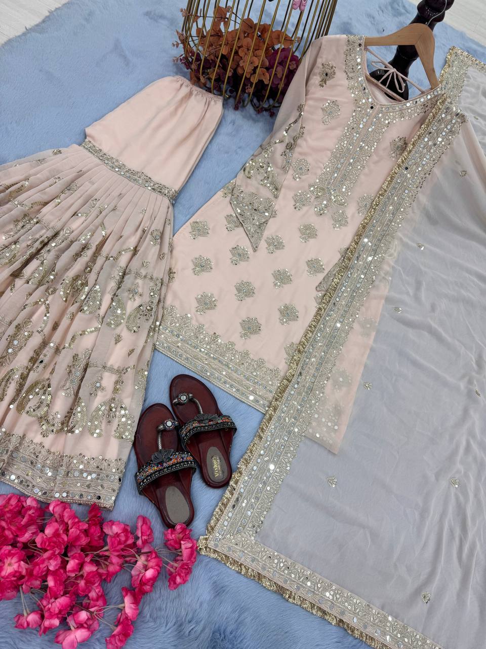 Wedding Wear Light Cream Color Heavy Faux Georgette With Embroidery Sequence Work Sharara Suit