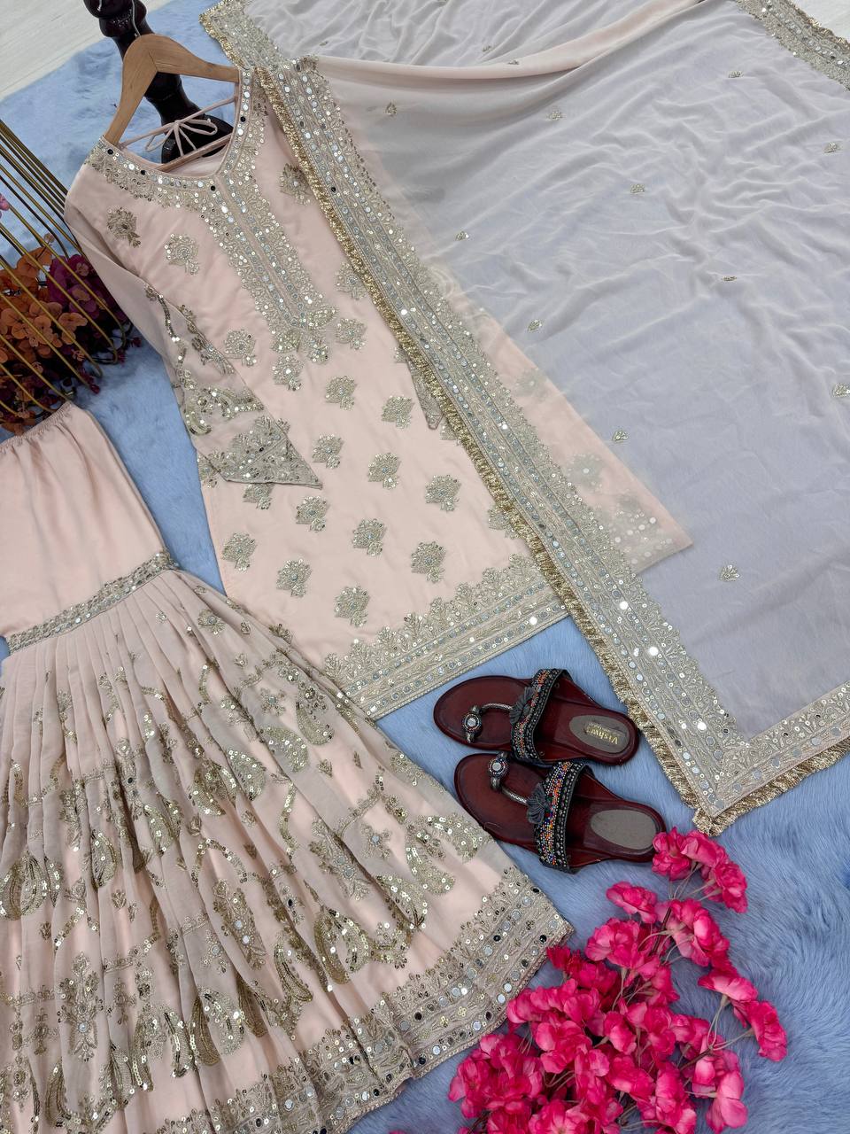 Wedding Wear Light Cream Color Heavy Faux Georgette With Embroidery Sequence Work Sharara Suit