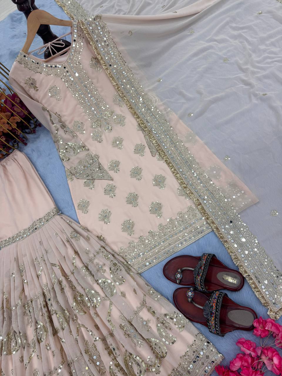 Wedding Wear Light Cream Color Heavy Faux Georgette With Embroidery Sequence Work Sharara Suit