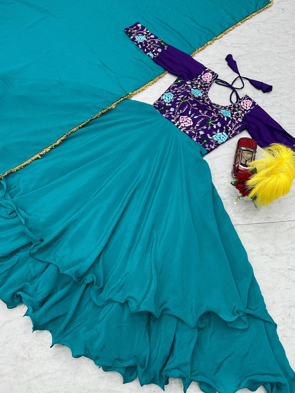 Ceremony Wear Sky Blue Color Chinon And Embroidery Thread Work Designer Gown