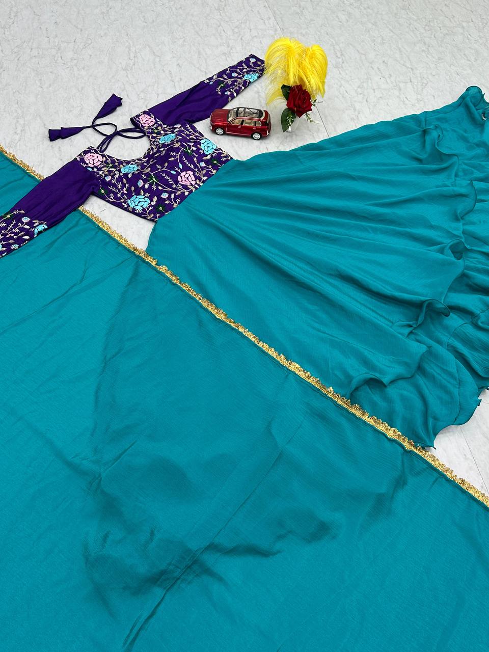 Ceremony Wear Sky Blue Color Chinon And Embroidery Thread Work Designer Gown
