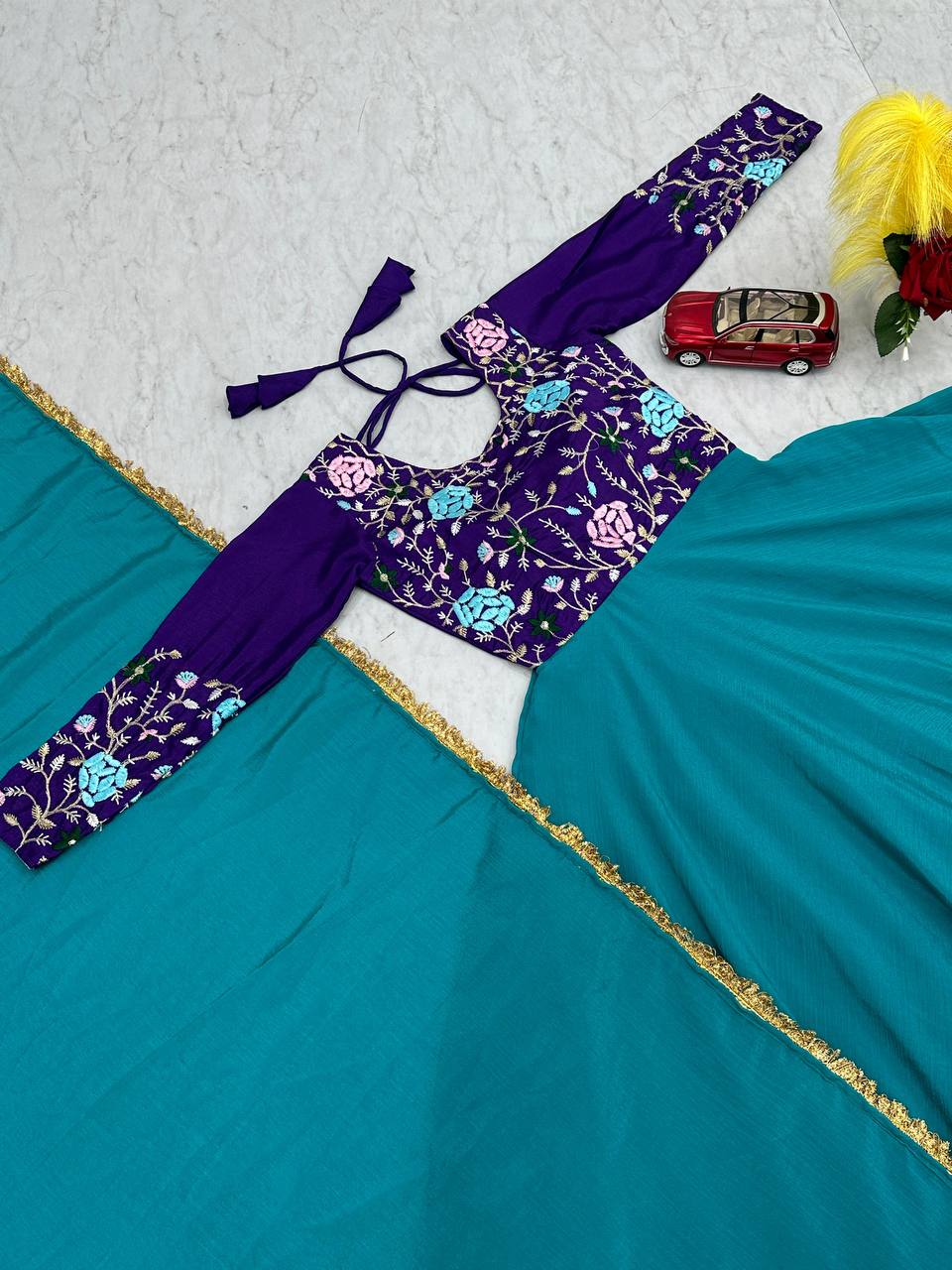 Ceremony Wear Sky Blue Color Chinon And Embroidery Thread Work Designer Gown