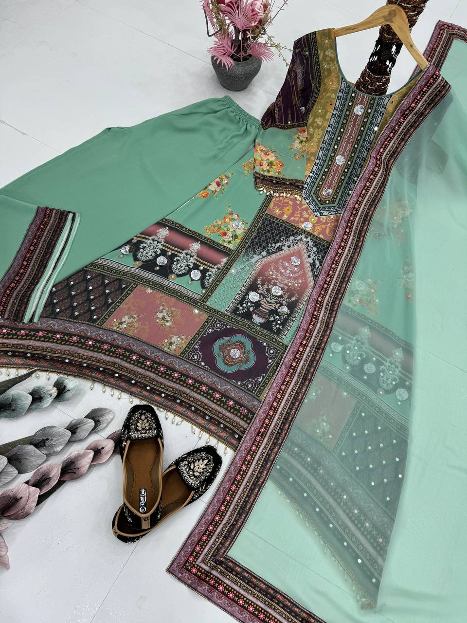 Alluring Green Color Heavy Faux Georgette Digital Print With Real Mirror Work Palazzo Suit